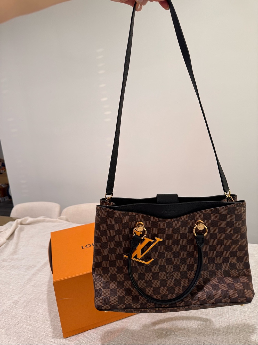 Louis Vuitton Brown Damier Ebene Canvas Tote with Black Trim and Yellow LV Charm - Picture 3 of 15